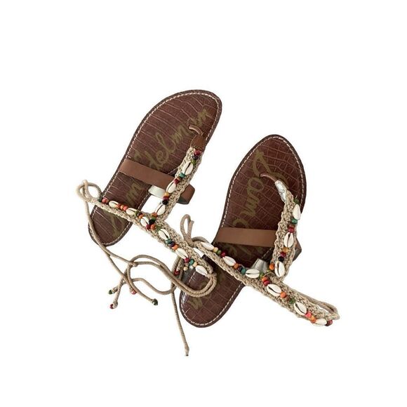 Sam Edelman Womens Tan Cream Leather Boho Gerome Beaded Seashell Sandal Size 7 - Picture 8 of 9